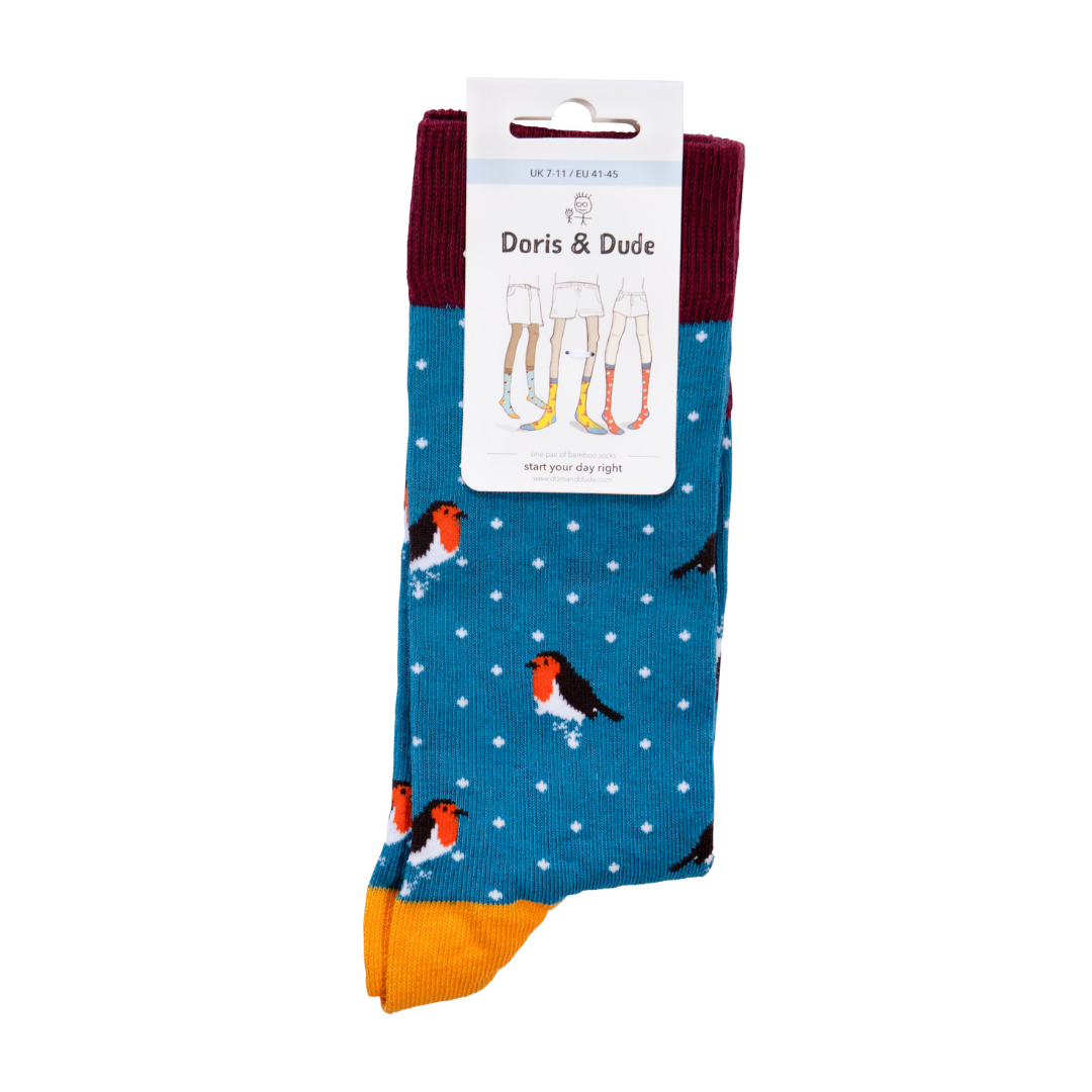 Christmas Robin Blue Cotton Socks